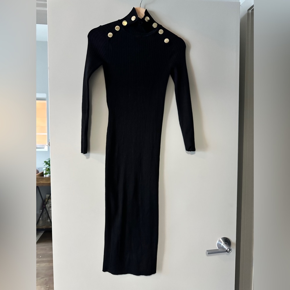 Zara ribbed fitted black turtleneck midi dress with gold button trim